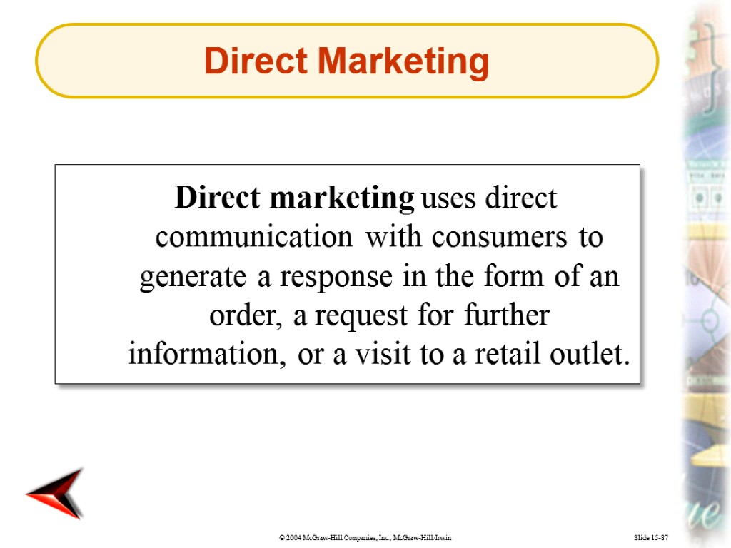 Slide 15-87 Direct marketing uses direct communication with consumers to generate a response in